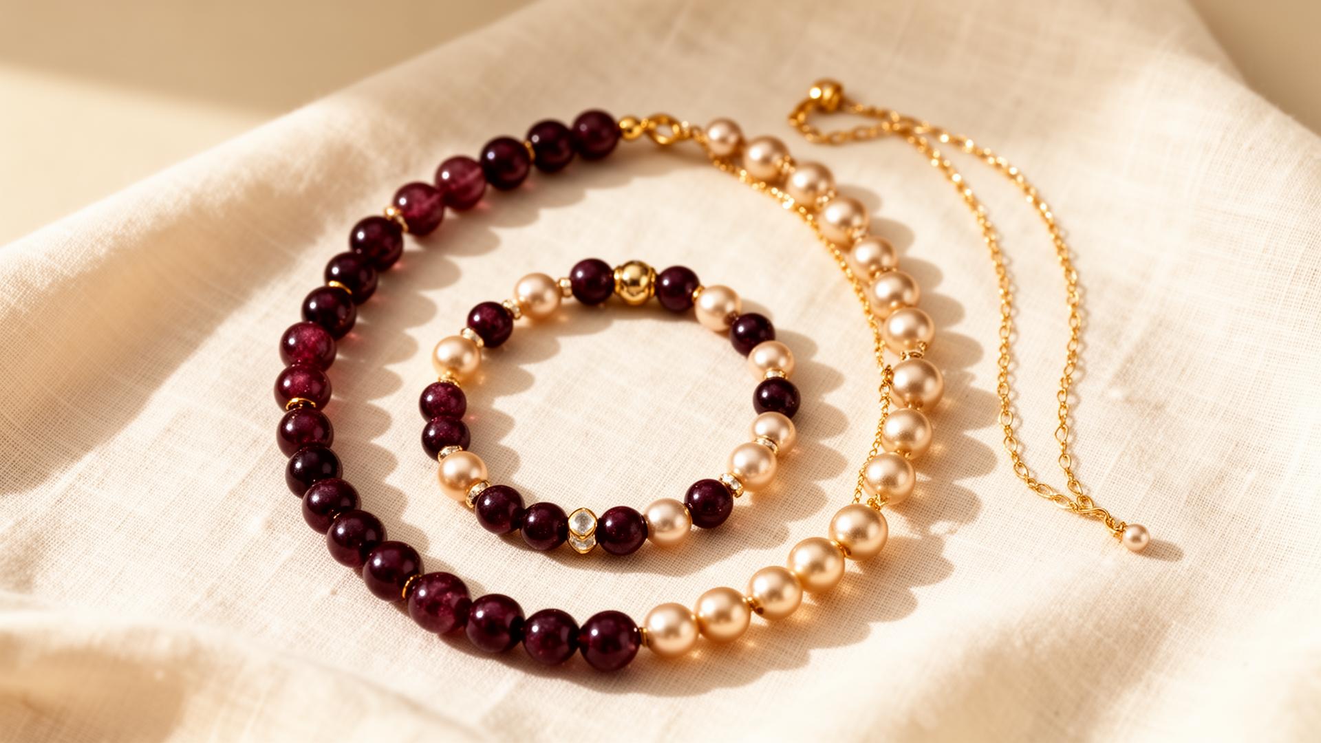 Handmade beaded bracelets in bordeaux and gold